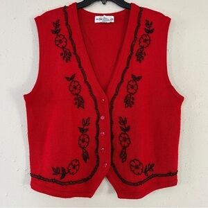 🦋 Alfred Dunner Red Black Beaded Vest Large Holiday Formal Wool Blend Winter